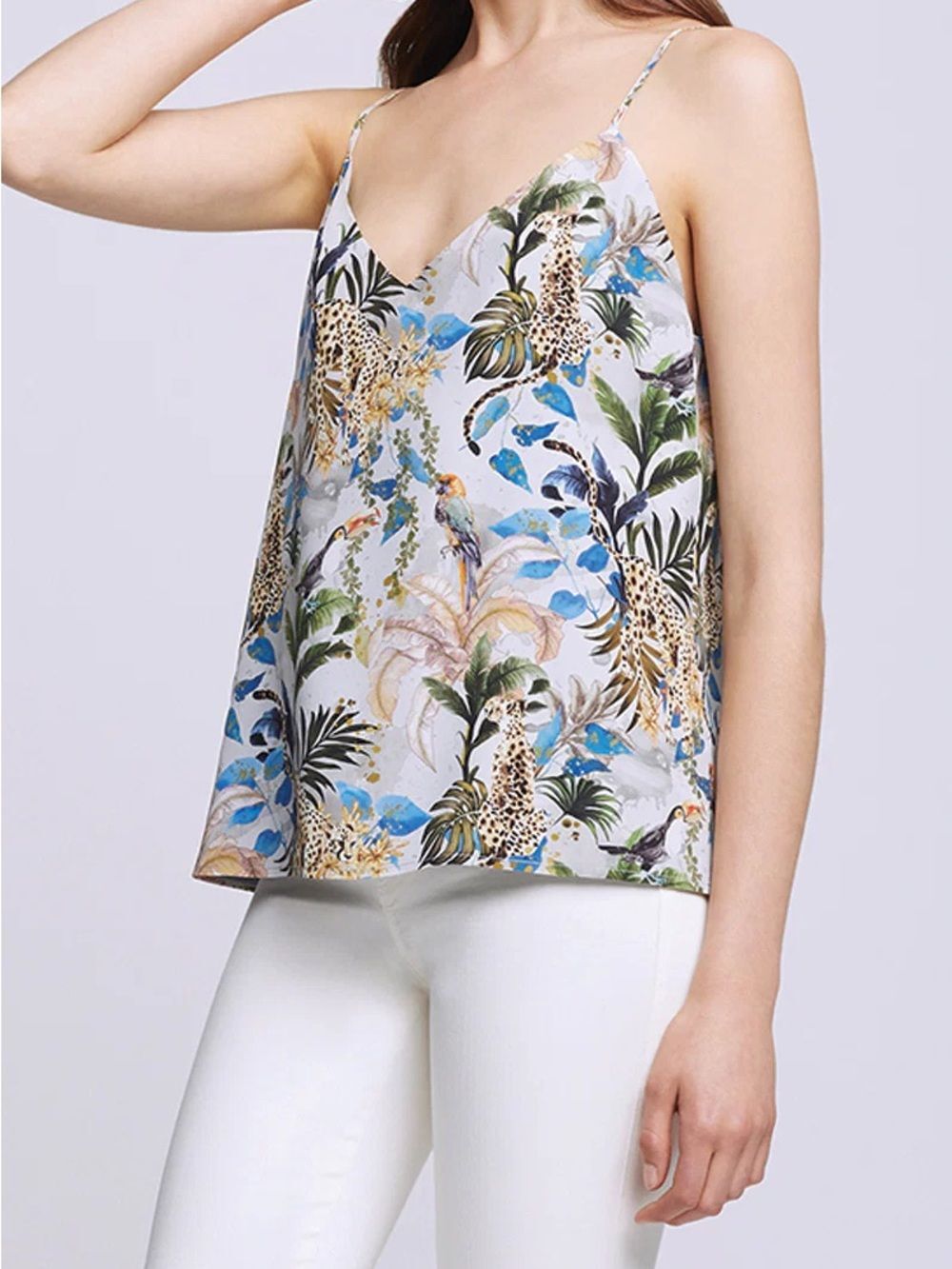 L'Agence Jane Silk Camisole in a grey-green jungle animal palm print